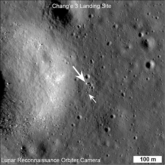 Figure 8: Positions of the Chang'e-3 lander and Yutu rover spotted by LROC of NASA's LRO on Dec. 25, 2013 (image credit: Universe Today, ASU, NASA)