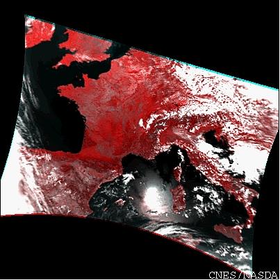 Figure 18: First image acquired by POLDER onboard ADEOS over France on September 16, 1996 (image credit: CNES, JAXA) 37)