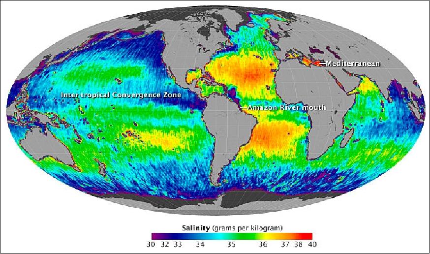 Figure 14: Aquarius salinity map acquired in the period May 27-June 2, 2012 (image credit: NASA) 33)