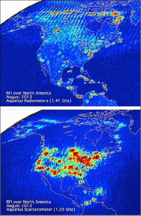 Figure 12: These maps show the location of RFI over North America during August 2013 as measured by the Aquarius' radiometers (1.41 GHz) [top] and scatterometer (1.26 GHz) [bottom], image credit: NASA (Ref. 28)