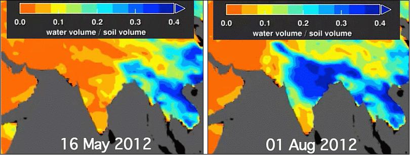 Figure 11: These maps show soil moisture as measured by Aquarius on May 16, 2012 (left) and August 1, 2012 (right), image credit: NASA Ref. 28)