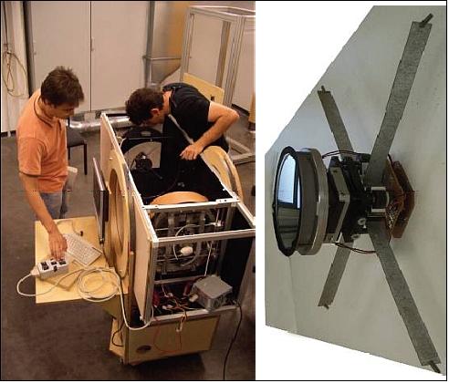 Figure 2: The optical alignment test bench (left) and the active optics configuration (image credit: TUB/ILR)