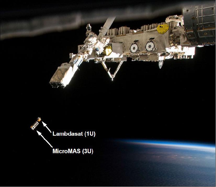 Figure 10: Photo of MicroMAS-1 and LambdaSat-1 CubeSat deployment from the ISS on March 4, 2015 (image credit: NanoRacks, NASA, Ref. 19)