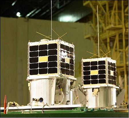 Figure 9: Photo of the AprizeSat-3 and -4 microsatellites on the Dnepr space head module (image credit: SpaceQuest)