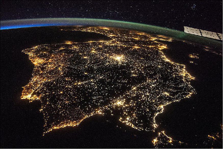 Figure 14: The Iberian Peninsula at night, showing Spain and Portugal. Madrid is the bright spot just above the center Image credit: NASA)