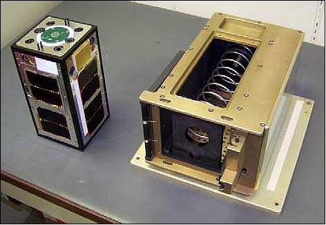 Figure 1: Photo of the LEO PSSCT nanosatellite (left) and its launch tube SSPL (right), image credit: The Aerospace Corporation