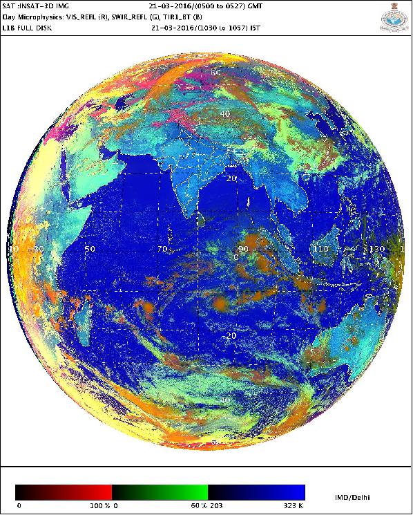Figure 12: Full disk color composite image of the INSAT-3D imager, acquired on March 21, 2016 (image credit: IMD/Delhi)