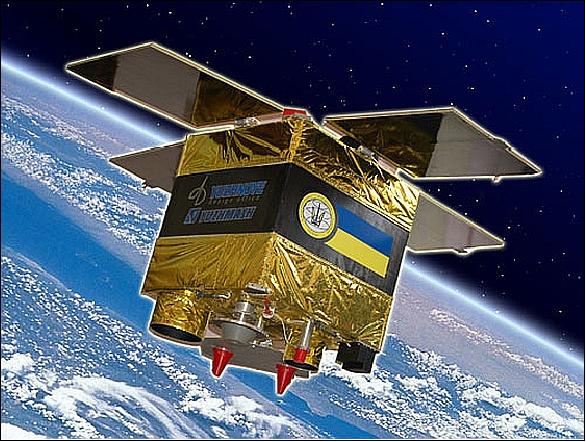 Figure 1: Artist's rendition of the deployed Sich-2 minisatellite in orbit (image credit: Yuzhnoye SDO)