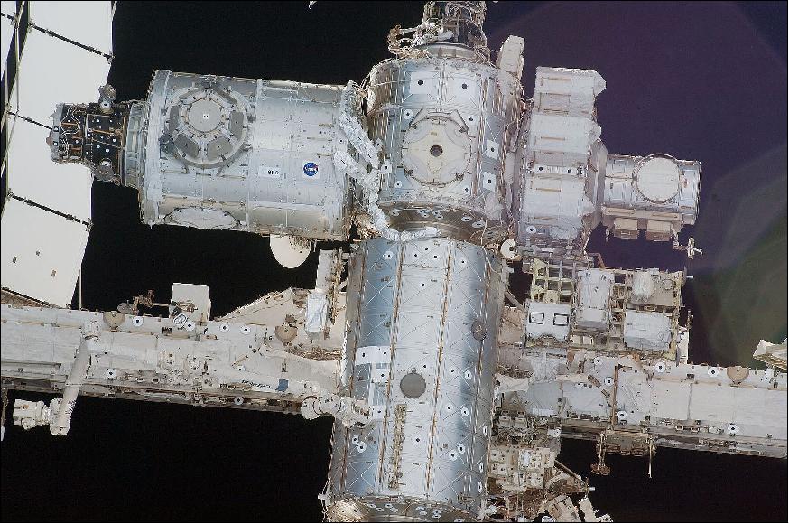 Figure 15: Tranquility seen at top left corner with Cupola and PMA-3 (Pressurized Mating Adapter-3), image credit: NASA
