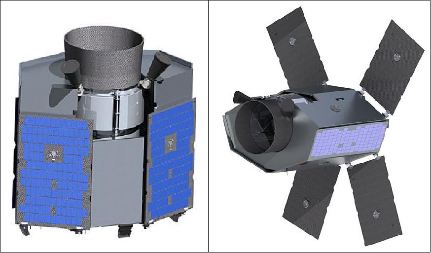 Figure 3: Illustration of the Twinkle spacecraft on an SSTL-300 platform, left: in launch configuration, right: deployed (image credit: SSTL)