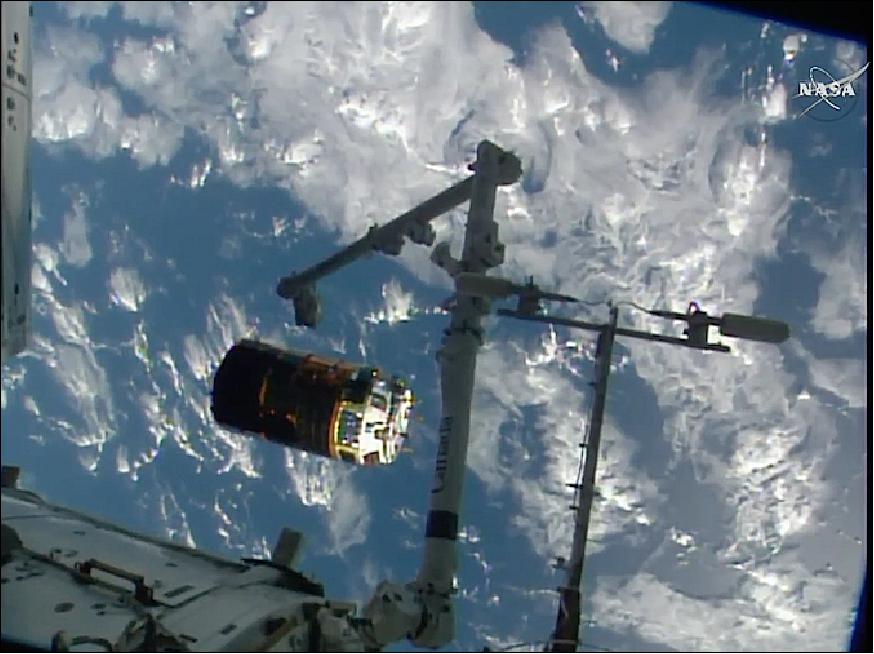 Figure 16: HTV-6/Kounotori-6 being released by the ISS robotic arm (image credit: NASA TV, JAXA)