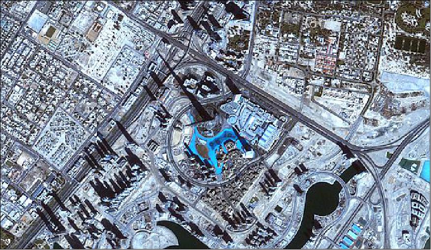 Figure 8: DubaiSat-1 image of the Burj Khalifa and Emirates Towers areas of Dubai acquired in late July 2015 (image credit: MBRSC)