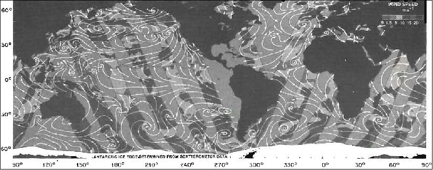 Figure 32: Global wind field at the sea surface observed by the SeaSat scatterometer on 14 September 1978 together with the northern extent of the sea-ice pack around Antarctica seen by the same instrument (image credit: NASA Jet Propulsion Laboratory)
