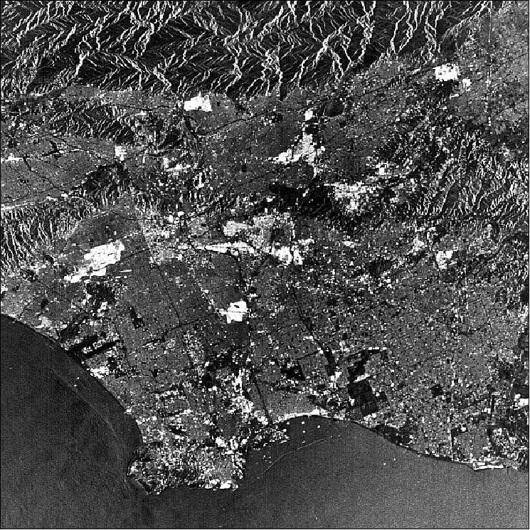 Figure 7: A sample SeaSat-1 SAR image of the Los Angeles metropolitan area observed in 1978 (image credit: NASA/JPL, Ref. 6)