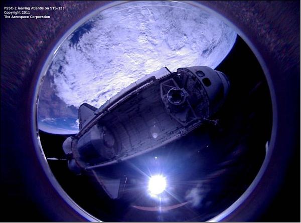 Figure 2: Photo of Space Shuttle Atlantis taken by the PSSCT-2 nanosatellite (image credit, NASA, The Aerospace Corporation)