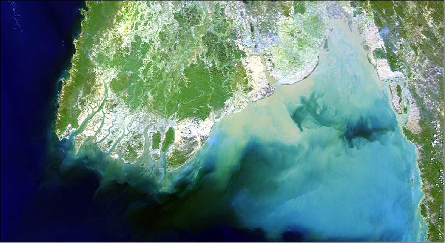 Figure 3: OCEANSAT-2 OCM Feb 6, 2017 Irrawaddy River Delta, Bay of Bengal (image credit: ISRO/SAC, Prakash Chauhan)