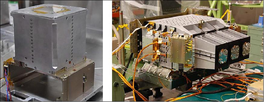 Figure 29: Photographs of (left) a Si/CdTe Compton camera unit installed in a SGD and (right) the SGD-1 flight model (image credit: ASTRO-H consortium)