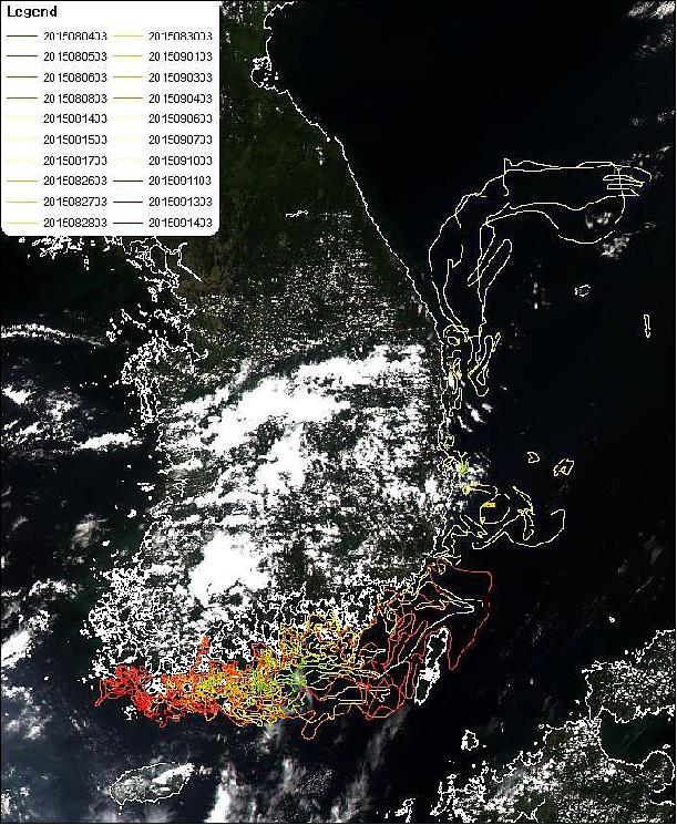 Figure 8: Red tide coverage on the south coast of Korea tracked by GOCI on August 4, 2015 (image credit: KOSC/KIOST)