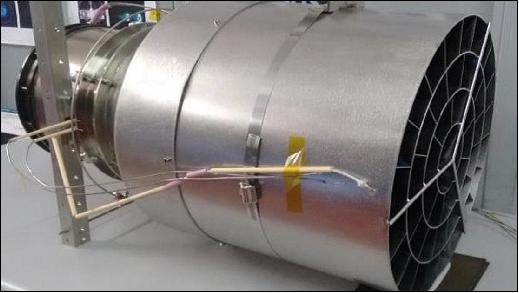 Figure 3: A complete test system for testing the air-breathing ion thruster concept: the intake, seen to the right, collecting air molecules so that instead of simply bouncing away they are collected and compressed. The molecules collected by the intake are given electric charges so that they can be accelerated and ejected to provide thrust. A two-step thruster design ensures better charging of the incoming air, which is harder to achieve than in traditional electric propulsion designs. There are no valves or complex parts – everything works on a simple, passive basis. All that is needed is power to the coils and electrodes, creating an extremely robust drag-compensation system (image credit: ESA/Sitael)