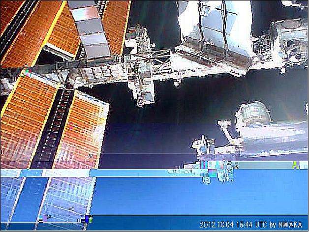 Figure 11: Deployment image of the rear camera of Niwaka, showing the ISS, the image was transmitted on Oct. 27, 2012 via the 5.84 GHz link (image credit: FIT)
