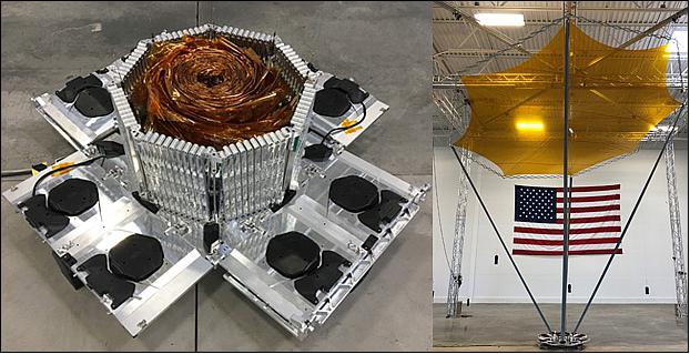 Figure 1: Left: The R3D2 minisatellite built by Northrop Grumman. Right: The antenna for the R3D2 spacecraft during deployment tests on the ground developed by MMA Design of Louisville CO (image credit: DARPA)