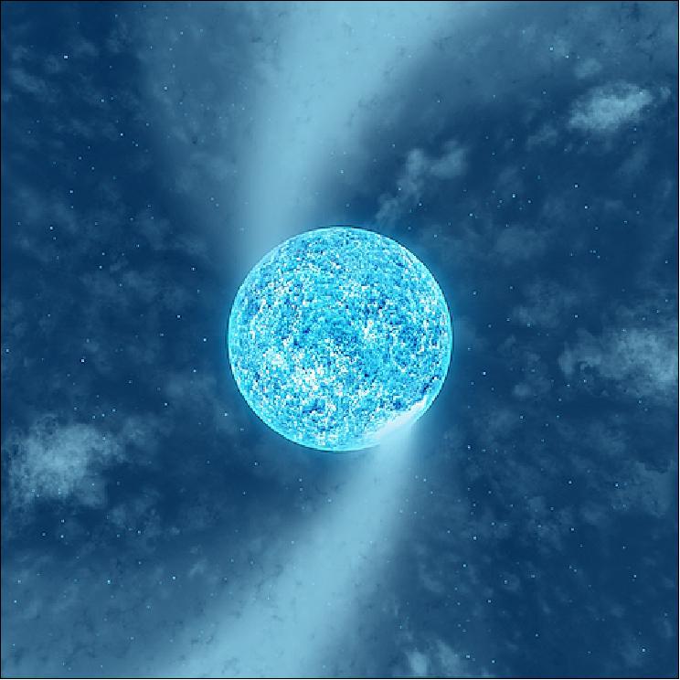 Figure 11: Artist’s impression of the hot massive supergiant Zeta Puppis. The rotation period of the star indicated by the new BRITE observations is 1.78 d, and its spin axis is inclined by (24 ± 9)º with respect to the line of sight (image credit: Tahina Ramiaramanantsoa)