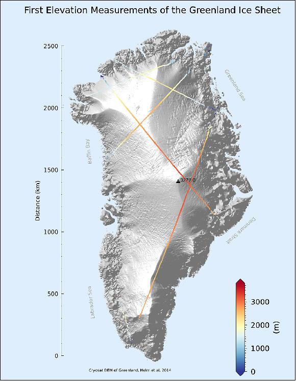 Figure 9: Greenland ice height from Sentinel-3B. Launched on 25 April 2018, the Sentinel-3B satellite has already delivered impressive first images from its ocean and land color instrument and from its radiometer. It has now also delivered data from its altimeter – which means that all of the instruments are working well (image credit: ESA, the image contains modified Copernicus Sentinel data (2018), processed by ESA)