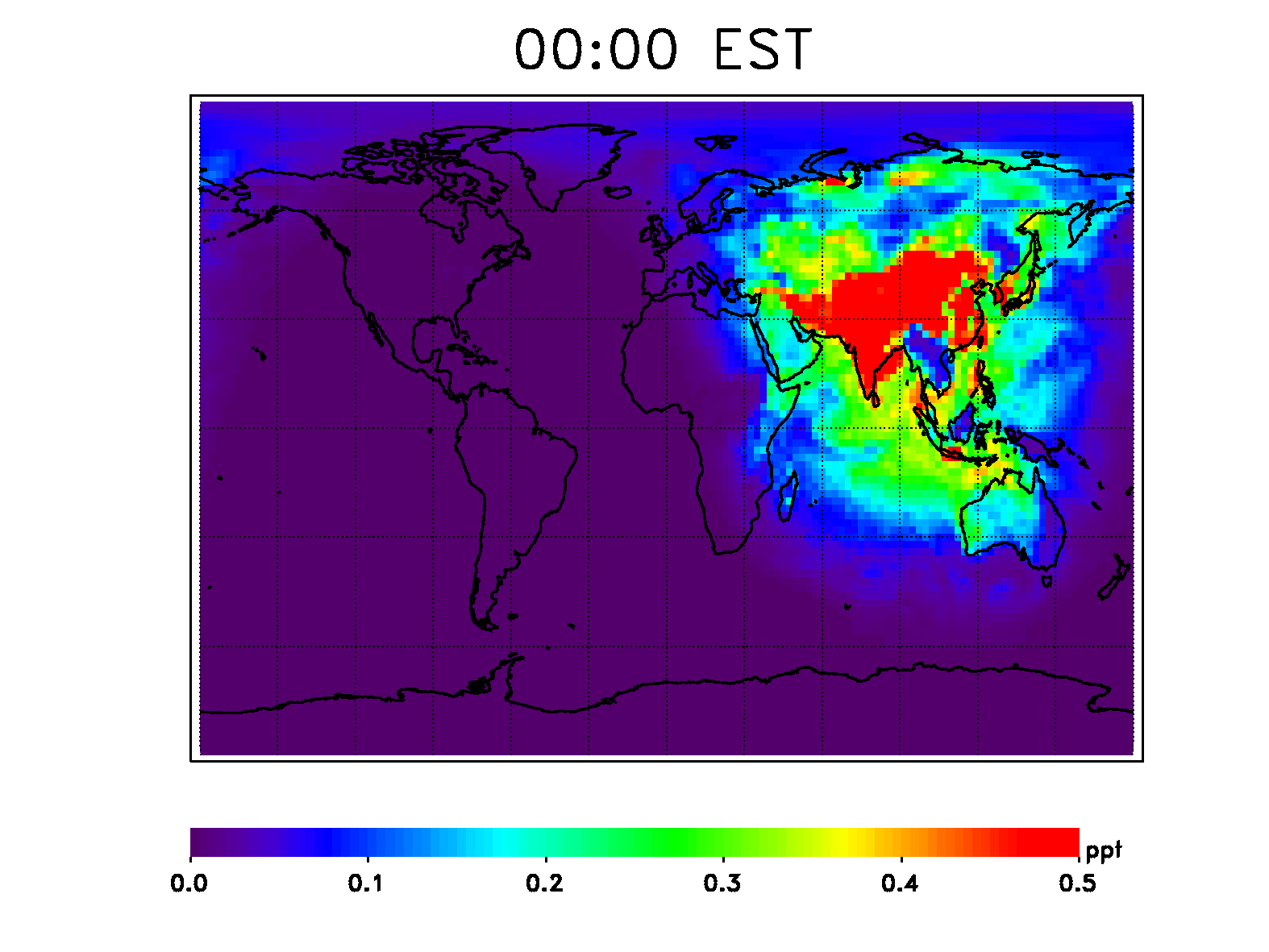 Figure 10: Model output of OH primary production over a 24-hour period in July tracks with sunlight across the globe. Higher levels of OH over populated land are likely from OH recycling in the presence of NO and NO2, which are common pollutants from cars and industry (image credit: NASA / Julie Nicely)
