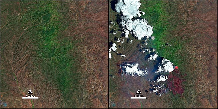 Figure 126: Left: Landsat-8 false color image acquired on May 28, 2013; Right: Landsat-8 image acquired on June 13, 2013, while the New Mexico Silver Fire was still growing, the white puffs with black shadows in the right image are clouds (image credit: USGS, NASA)