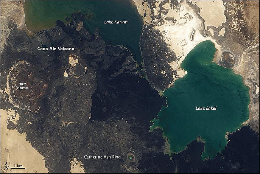 Figure 104: The image of the Danakil Depression was acquired on June 27, 2014 with OLI on Landsat-8 (image credit: NASA Earth Observatory, Jesse Allen and Robert Simmon)