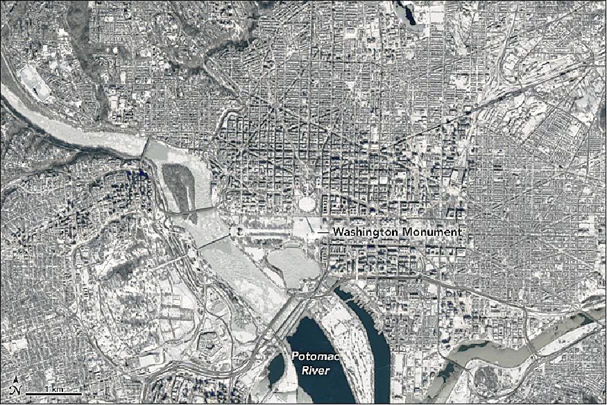Figure 84: Close-up of Washington D.C. drawn from the image of Figure 83; note the long shadow cast by the Washington Monument (image credit: NASA Earth Observatory, Joshua Stevens)