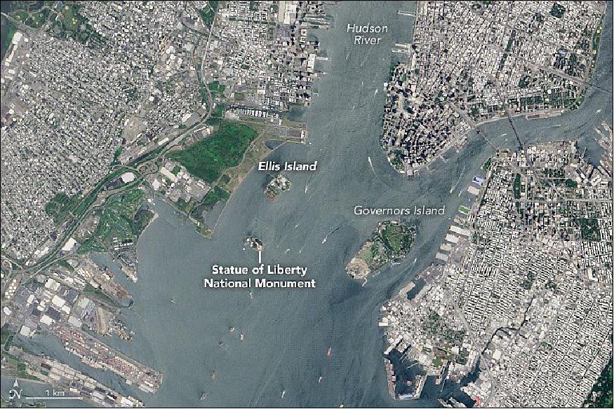 Figure 81: On Oct. 25, 2015, OLI (Operational Land Imager) of Landsat-8 acquired this image of Ellis Island and the Liberty Island (with the Statue of Liberty National Monument). Those once-modest islands stand like magnificent sentries in New York Harbor, with Jersey City, New Jersey to the west and the lower reaches of Manhattan Island and Brooklyn to the northeast and east (image credit: NASA Earth Observatory, image by Jesse Allen, Landsat data from USGS)