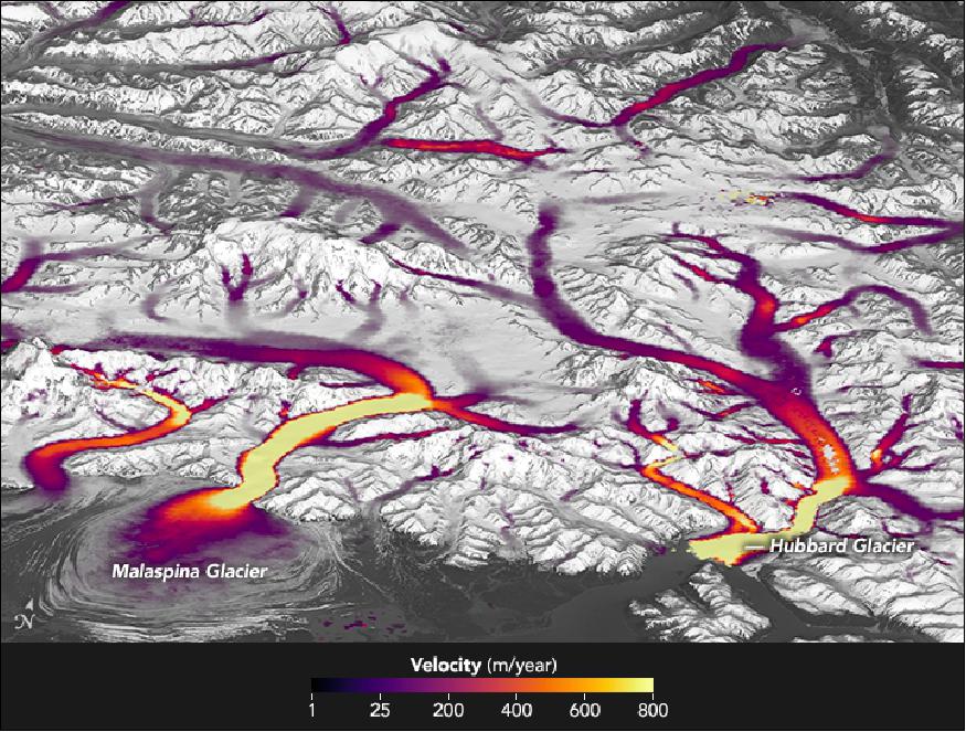 Figure 61: GoLIVE map of Landsat-8 OLI data showing the velocity of ice in the southeastern Alaska near the Malaspina and Hubbard glaciers (image credit: NASA Earth Observatory, images Landsat-derived ice velocity data courtesy of Alex Gardner, NASA/JPL, California Institute of Technology and ASTER GDEM data from the NASA/GSFC/METI/ERSDAC/JAROS, and U.S./Japan ASTER Science Team)