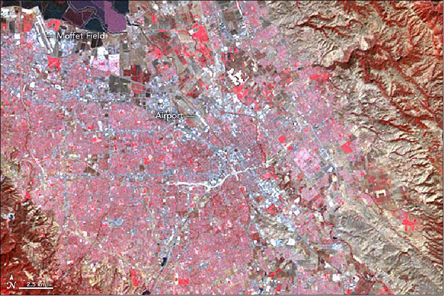 Figure 54: False color image of the Silicon Valley, acquired with MSS on Landsat-1 (former ERTS) on October 6, 1972 (image credit: NASA Earth Observatory, image by Jesse Allen, using Landsat data from the U.S. Geological Survey, caption by Kathryn Hansen)