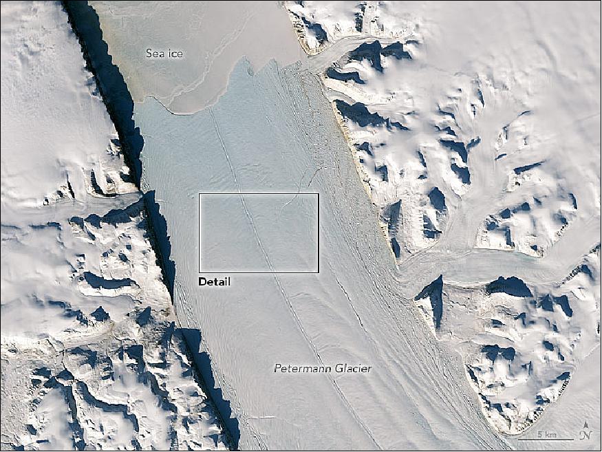 Figure 44: OLI image of the Petermann Glacier in Greenland acquired on April 15, 2017 (image credit: NASA Earth Observatory, images by Joshua Stevens and Jesse Allen, using Landsat data from the U.S. Geological Survey)