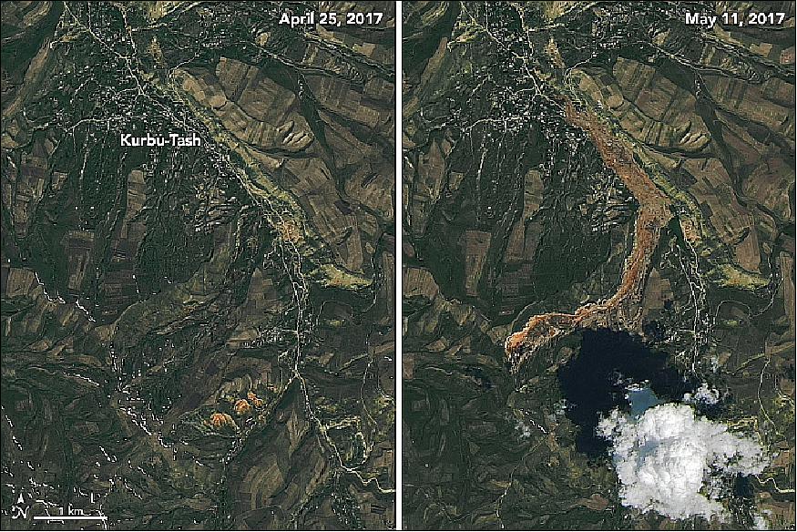 Figure 40: OLI images of the southern Kyrgyzstan region of Kurbu-Tash, acquired on April 25 (left) and on May 11 (right) after the large landslide (image credit: NASA Earth Observatory, images by Joshua Stevens, using Landsat data from the USGS, caption by Adam Voiland)