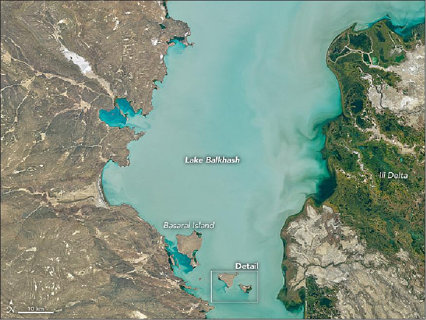 Figure 14: OLI on Landsat-8 captured this natural-color image of Lake Balkhash on 9 October 2017. The image shows the southwestern part of the lake (image credit: NASA Earth Observatory, images by Joshua Stevens, using Landsat data from the USGS, story by Kathryn Hansen)