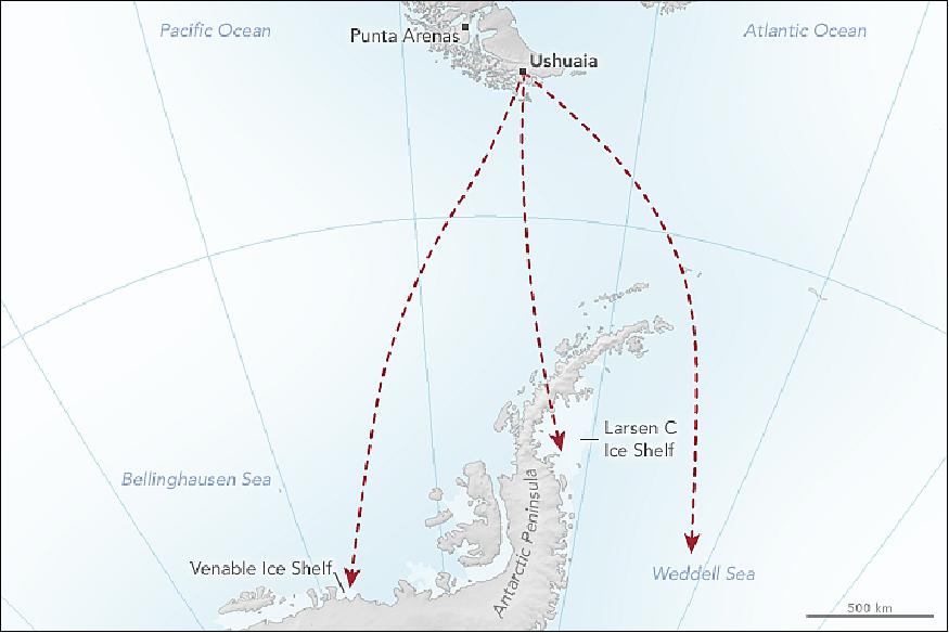 Figure 13: Map showing the southern tip of South America and the Antarctic Peninsula (image credit: NASA Earth Observatory, map by Jesse Allen, story by Kathryn Hansen)