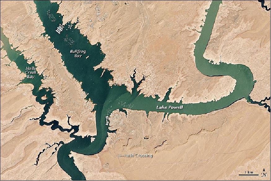 Figure 114: Image of the Lake Powell section closer to the Glen Canyon Dam acquired by Landsat-8 on May 13, 2014 (image credit: NASA Earth Observatory, USGS)