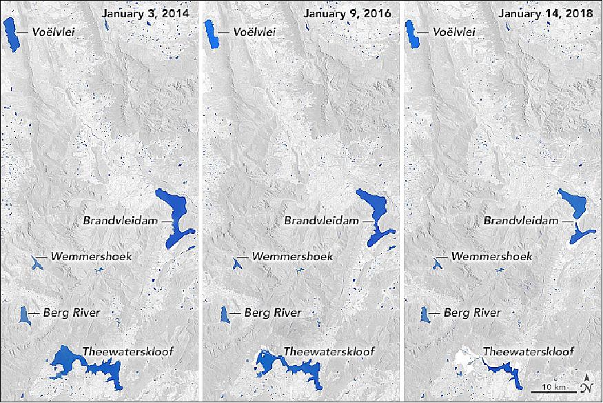Figure 71: This trio of images shows how the three successive dry years took a toll on Cape Town's water system. Voëlvlei, the second largest reservoir, has dropped to 18 percent of capacity. Some of the smaller reservoirs like the Berg River and Wemmershoek are still relatively full, but they store only a small fraction of the city's water. One of the largest reservoirs in the area—Brandvlei—does not supply water to Cape Town; its water is used by farmers for irrigation (image credit: NASA Earth Observatory, images by Joshua Stevens, using Landsat data from the U.S. Geological Survey and water level data from South Africa's Department of Water and Sanitation, story by Adam Voiland)
