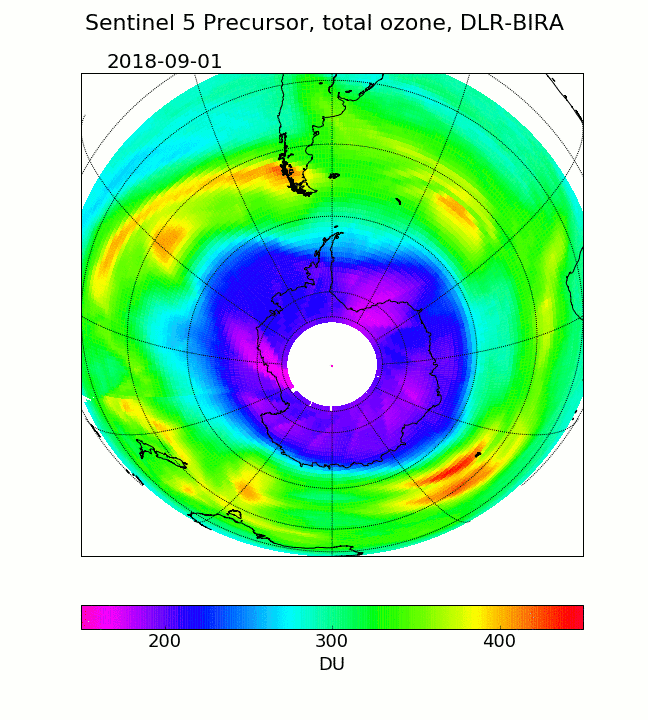 Figure 8: Using measurements from the Copernicus Sentinel-5P satellite, the animation shows changes in the ozone hole over Antarctica between September and October 2018 (image credit: ESA, the image contains modified Copernicus data (2018), processed by BIRA–IASB/DLR)