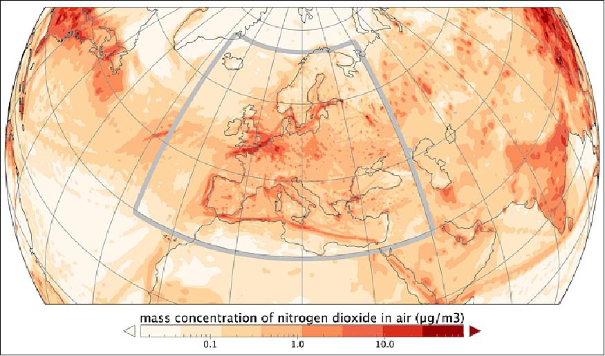 Figure 20: Nitrogen dioxide forecast: Using data from a number of satellites, the map shows a forecast for concentrations of nitrogen dioxide for 17 June 2017. Nitrogen dioxide pollutes the air mainly as a result of road traffic and other fossil fuel combustion. Breathing air polluted with nitrogen dioxide contributes to respiratory problems. Mapping the entire planet every day and delivering measurements with a resolution as high as 7 km x 3.5 km, the Copernicus Sentinel-5P mission will improve the quality of maps such as these and therefore improve air-quality forecasts (image credit: Copernicus Atmosphere Monitoring Service) 17)