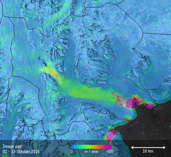 Figure 31: Radar images from the Copernicus Sentinel-1 mission were used to create these two ice speed maps of the Negribreen glacier in Norway. In October 2015, only the front of the glacier was moving by more than 300 m a year. By late 2016, the entire glacier was advancing at this accelerated rate.
