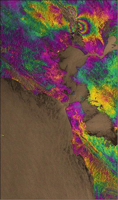 Figure 106: Sentinel-1A interferogram of the California coast and the Napa Valley released on Sept. 2, 2014 (image credit: ESA/PPO.labs/Norut/COMET-SEOM Insarap study)