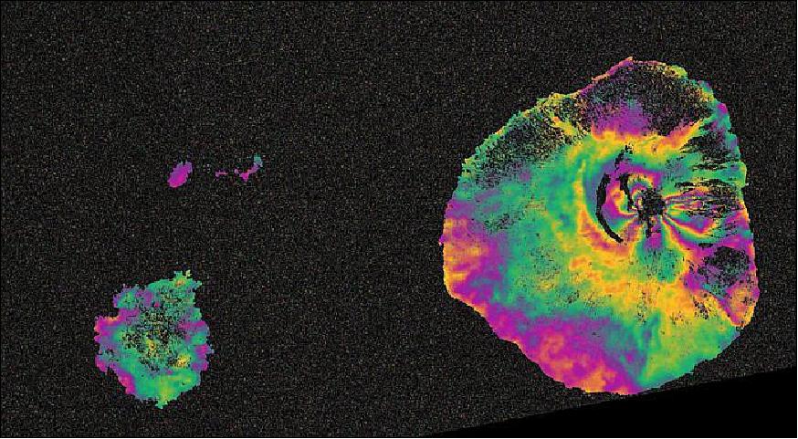 Figure 101: Interferogram (combination of 2 radar images) of Cape Verde's Fogo eruption, acquired by Sentinel-1A before and during the eruption (image credit: Copernicus data (2014)/ESA/Norut-PPO.labs–COMET-SEOM InSARap study)