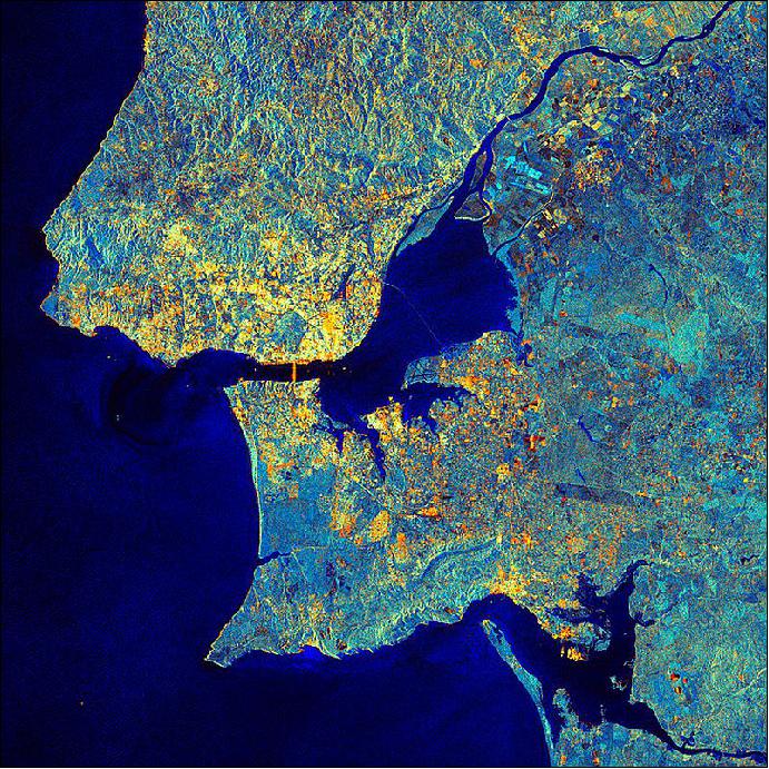 Figure 97: Sentinel-1A SAR image of the metropolitan area of Portugal's capital, Lisbon, acquired on Oct. 8, 2014 (image credit: ESA)