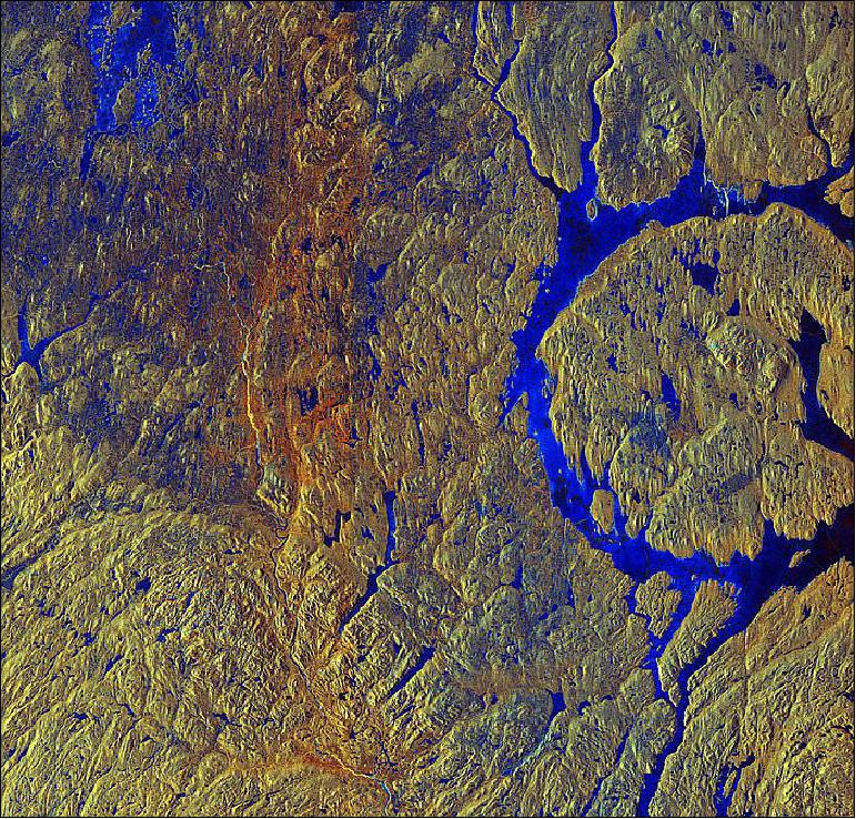 Figure 77: This false-color SAR image, featuring the Manicouagan Crater, was captured by the Sentinel-1A satellite on 21 March, 2015 (image credit: Copernicus Sentinel data (2015)/ESA)