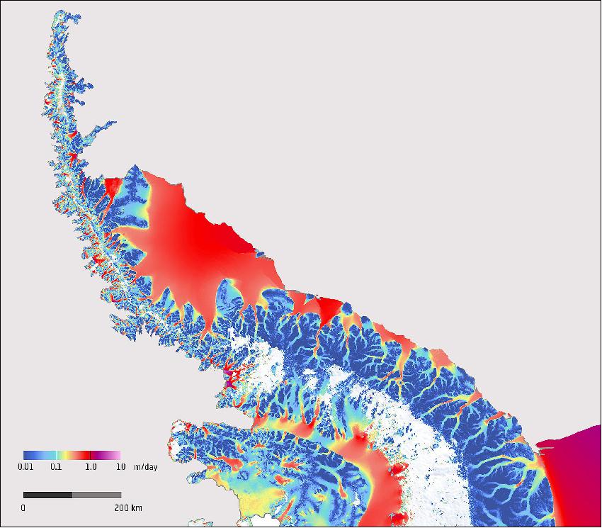 Figure 63: Successive radar images captured by the Copernicus Sentinel-1A satellite during December 2014 – March 2016 were used to create this spectacular map showing how fast the ice flows on the Antarctic Peninsula. The map was constructed by tracking the movement of ice features in pairs of radar images taken 12 days apart (image credit: ESA, contains modified Copernicus Sentinel data (2015), processed by Enveo)