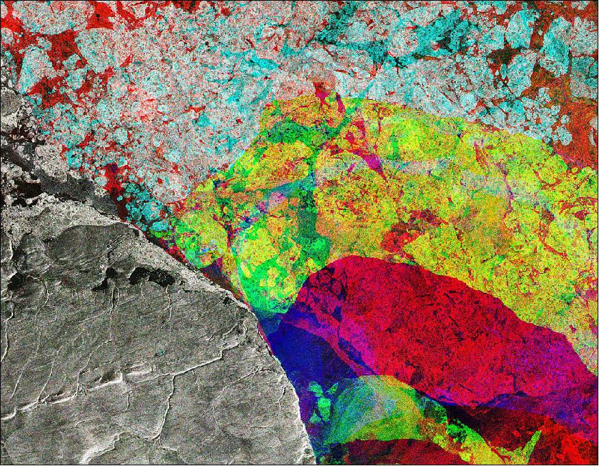 Figure 39: Sentinel-1 composite radar image of Ellesmere Island, Canada, acquired in December 2016, and in January and February 2017 (image credit: ESA, the image contains modified Copernicus Sentinel data (2016-17), processed by ESA)