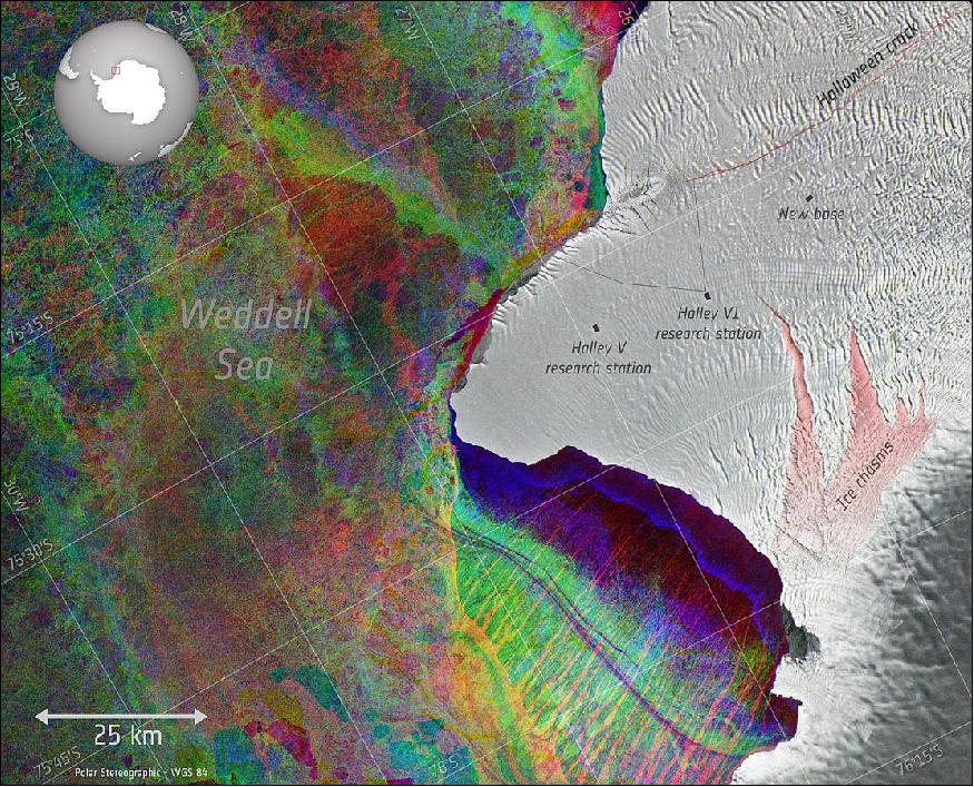 Figure 20: This image was created by combining three Sentinel-1 radar scans in September and October. The colors in the Weddell Sea indicate changes in sea ice between the acquisitions. A ‘polynya’ – an area of open water surrounded by ice – is visible in the lower-central part of the image (image credit: ESA, the image contains modified Copernicus Sentinel data (2017), processed by ESA, CC BY-SA 3.0 IGO)